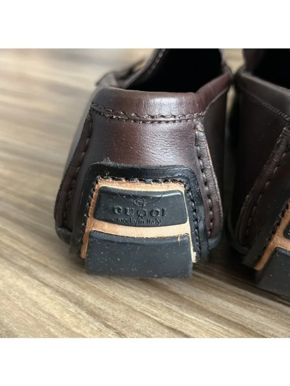 GUCCI Brown Leather Horsebit Driving Loafers Men's Back Heel Logo Rubber Sole